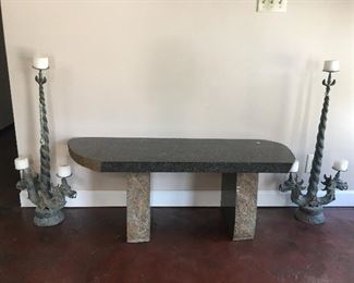 Beautiful Polished Stone Bench and Dragon Sconces