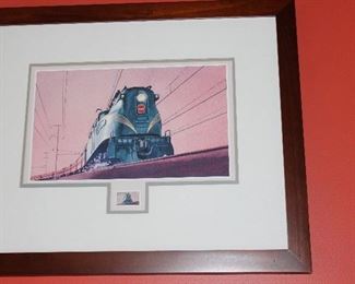 COLLECTION OF MATTED CUSTOM FRAMED TRAIN LITHOGRAPHS WITH "ALL ABOARD " U.S. ISSUE STAMPS 