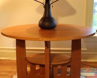 Custom made table, by Larry Lindbergh.  Shown with Arts & Crafts lamp in the style of Dirk van Erp, onion shape with mica shade.  