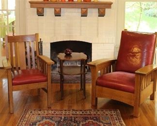 A beautiful setting:  includes antique Oriental rug, antique Mission Oak chair, custom made table, and a wonderful mix of vintage pottery.  NOTE;  THE MORRIS CHAIR IS NO LONGER AVAILABLE.  A close family member (of my client) has been allowed to pull the chair. 