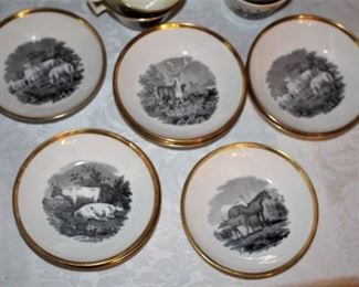 Early creamware cups with saucers. Pastoral scenes, Ca: 1840s.