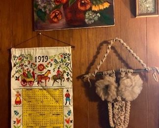 Crocheted owl, 1979 calendar, floral painting