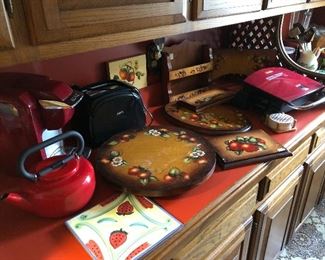 Strawberry themed painted kitchen trays, plaques, tiles