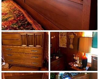 Vintage MCM bedroom set by Hooker.  Walnut, beautiful and rare.  Highboy with sliding door, triple dresser with mirror, awesome headboard, and three nite stands.