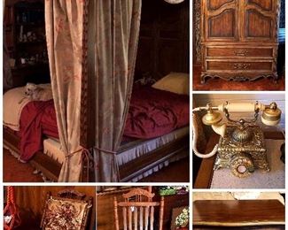 •Drexel Heritage Canopy Bed measures 83”tall X  81”wide
matching Armoire and Small Chest, Triple Dresser with mirror.
•Roark Ladies Rocking Chair 
•Vintage Regency telephone 
