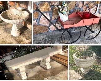 Concrete Garden items and sweet little Amish Garden flower 🌸 cart 