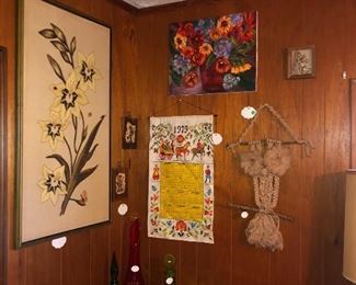 Macrame owl, crewel embroidery, painting, 1979 folk art calendar