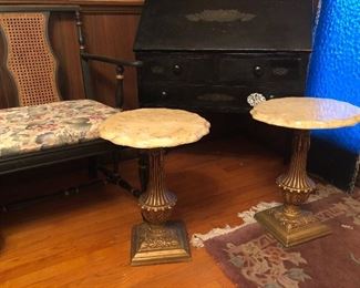 Hollywood regency pedestal tables with cultured marble tops