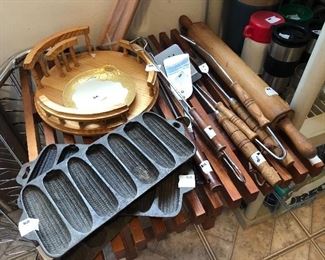 cast iron corn pans  wood lazy susan  long wood handled bbq items