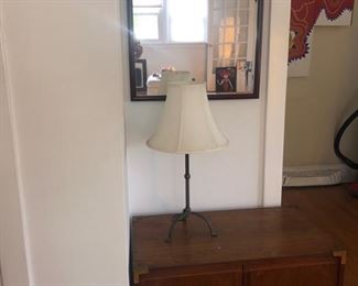 Small cabinet, lamp and wall mirror