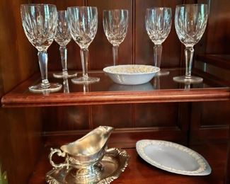 Waterford wine glasses and silverplate