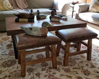 Pottery Barn coffee table and two leather upholstered benches