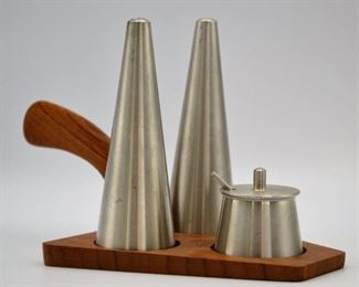 Pewter Salt, Pepper & Jelly with Teak Tray