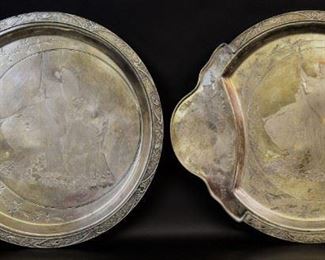 Antique Wilcox Silver Buffalo Indian Platters, Trays