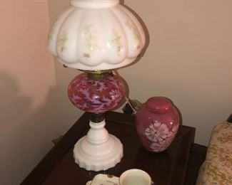 Early Fenton cranberry and milkglass lamp with hand painted shade, lamp base is believed to be from 1890-1920. 