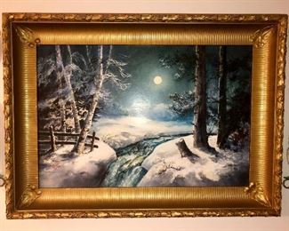 Original night time snow landscape,  by Lucia Haskins, oil on board in antique frame