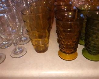 Vintage tea glasses, amber and green Whitehall glasses