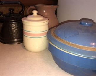 Antique blue stoneware covered bowl, McCoy cookie jars and pitcher