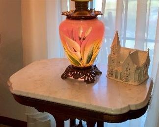 Electrified GWTW pink lamp with hand painted peace Lily design.  Eastlake turtle shell shape marble top table, 