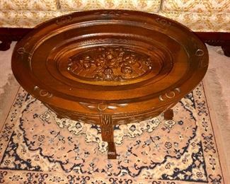 Antique French mahogany hand carved tea table with removable tray. 