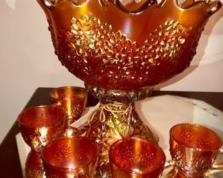 Orange blossom marigold punch bowl with matching cups and mismatched pedestal 