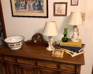Crewel embroidery, hand painted tiles framed, 1940’s dresser lamps and stereo. 