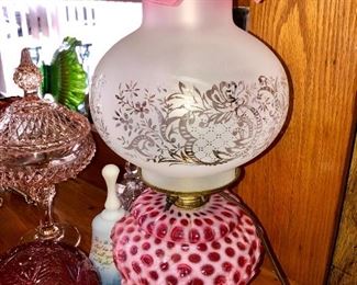 Fenton pink opalescent electrified GWTW lamp. 