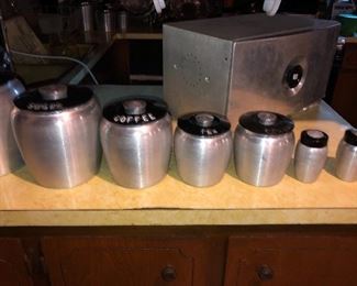 Complete set of canister, grease, bread box with salt & pepper