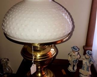 Converted brass oil lamp with Fenton milk glass shade 