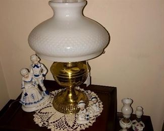 Converted brass oil lamp with Fenton milk glass shade 