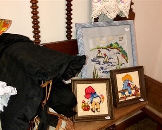 Hand made bones and framed crewel embroidery pictures