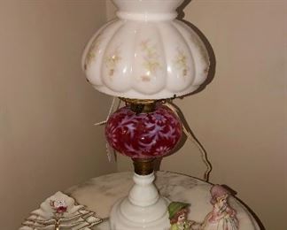 1890s cranberry electrified lamp with hand painted shade