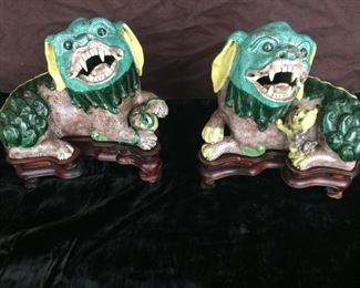 Pair Mid to Late 1800's, 17th Century Biscuit Manner Foo Dogs 