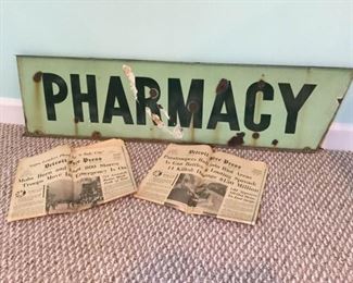 Vintage Pharmacy Sign w/ Bullet Damage, Newspapers https://ctbids.com/#!/description/share/153299