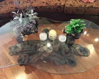 Driftwood and glass top coffee table 