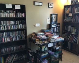 Books, DVD's, VHS Tapes, board games, Puzzles, CD's, paper goods, Etc.  