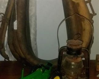 Antique Horse Collar, Yoke and Lantern.  John Deere Tractor