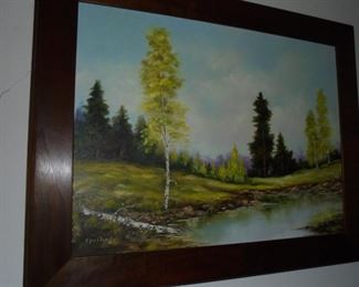 Framed oil on canvas of lake by Ann spurling