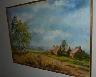 Framed oil on canvas of village by Ann Spurling