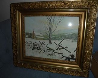 Ornate framed picture of country snow scene by Larry Dodson  1982