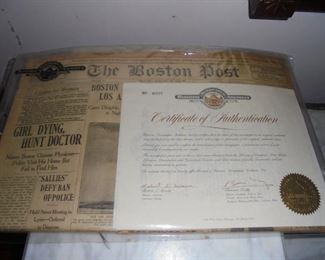 RARE August 6,1926 Boston Post newspaper w/COA certificate 
