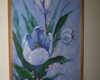 Framed oil on canvas blue flowers by Ann Spurling
