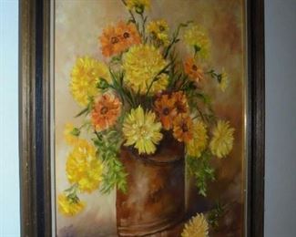 Framed oil on canvas flowers in container by Ann Spurling