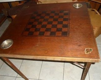 Antique wood card table/checker board table w/built in ash trays
