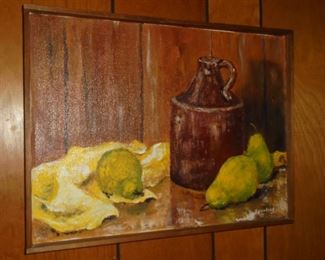 Framed oil on canvas of brown jug by Ann Spurling