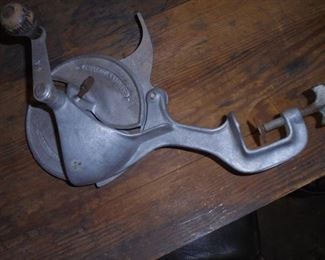 Antique metal hand crank counter mount meat slicer - Eagle Tool Mfg. Co. - Springfield Oh. w/original blades
