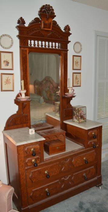 Antique Victorian Eastlake Walnut Marble Top Dresser with Mirror