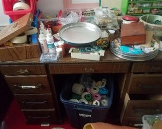 sewing supplies and nice vintage desk