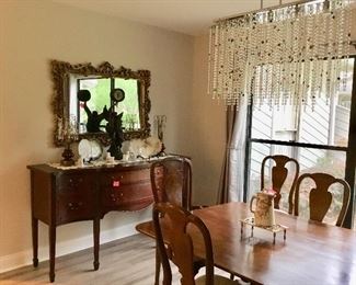 Antique dining table and buffet, porcelain chocolate pot, old Henredon chairs 