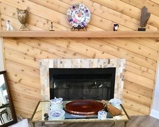 Porcelain, wood, older glass top table